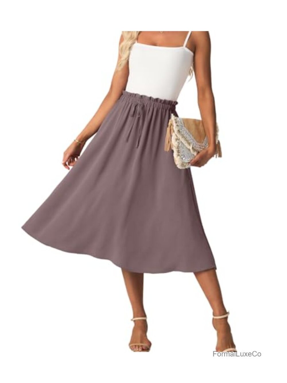 A-Line Midi Skirt with Pockets High Waist Flowy Below Knee Casual